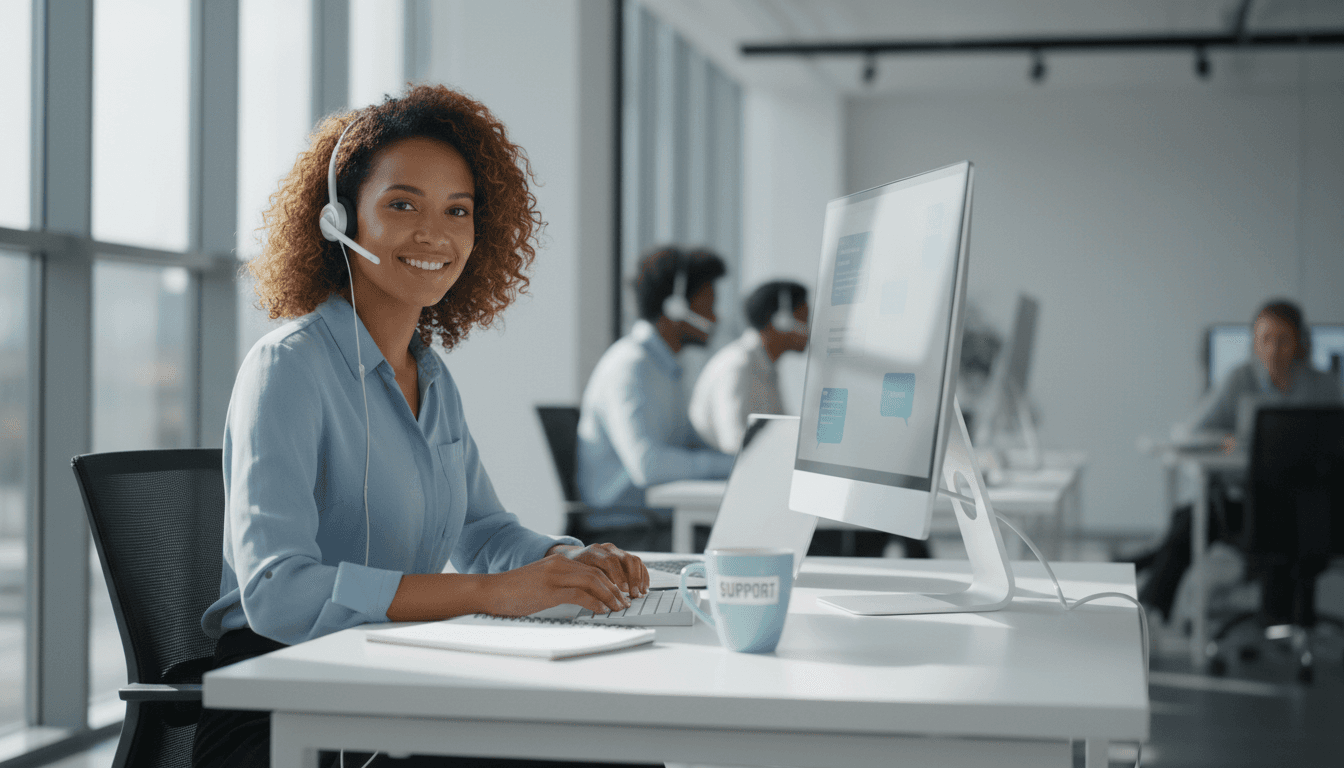 Customer service professional with headset smiling at desk with monitor displaying chat interface in bright modern office