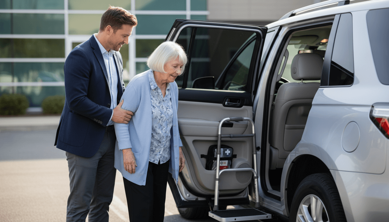 Professional driver assisting senior client entering medical transportation vehicle
