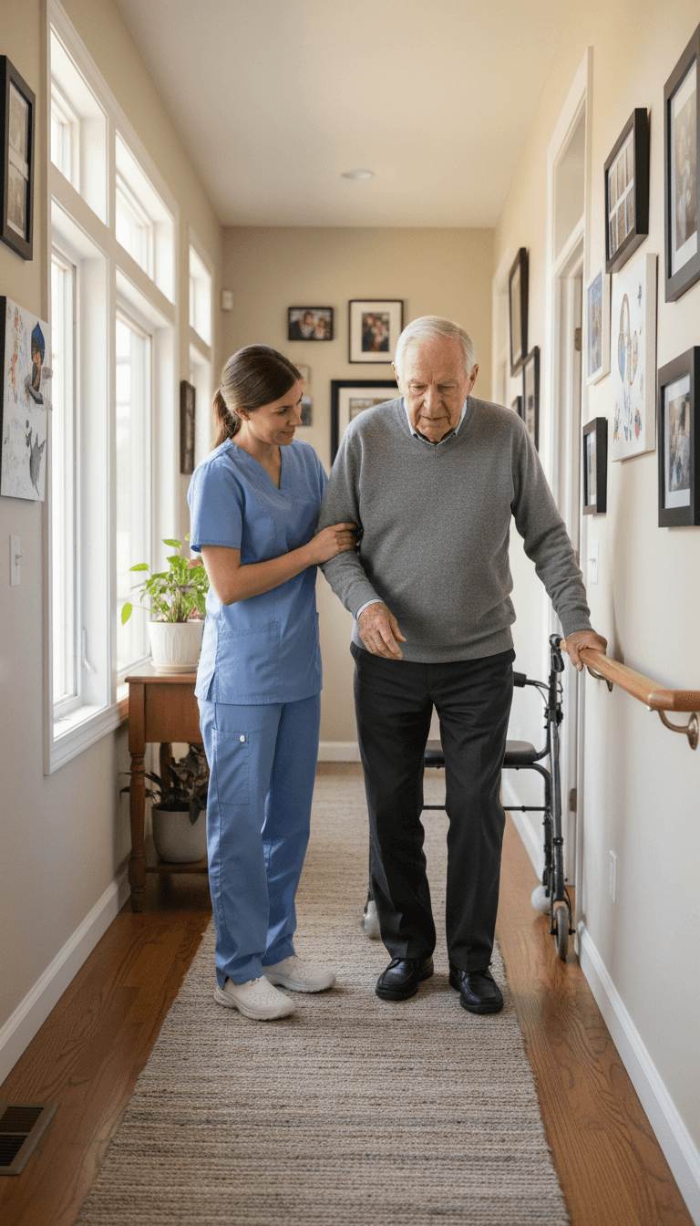 Nurse supporting elderly patient's arm as they walk together through bright home hallway with family photos