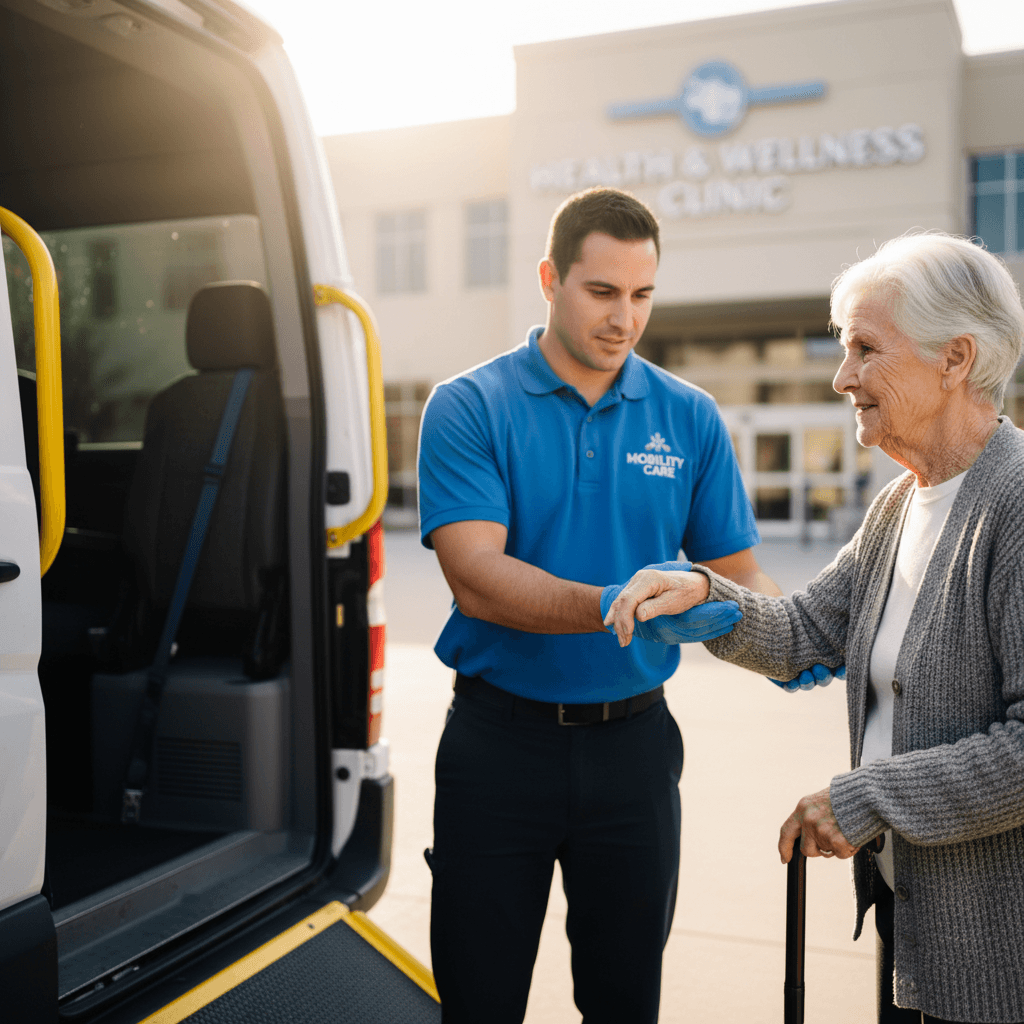 Driver assisting senior passenger